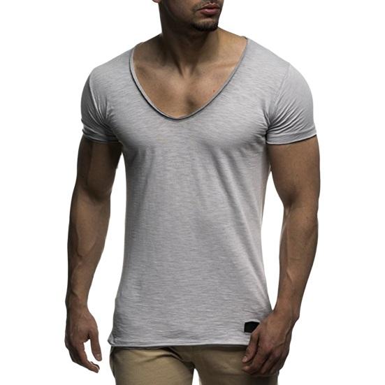 Herren-T-Shirt mit kurzen Ärmeln, V-Ausschnitt, einfarbig, weich, schmale Passform, mittellang, elastisch, lässig XL grau von Joom DACH