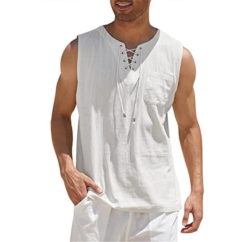 Herren-Tanktop mit Schnürung, Verband, Kreuz, V-Ausschnitt, modisch, einfarbig, ärmellose Hemden aus Baumwolle und Leinen 3XL weiß von Joom DACH