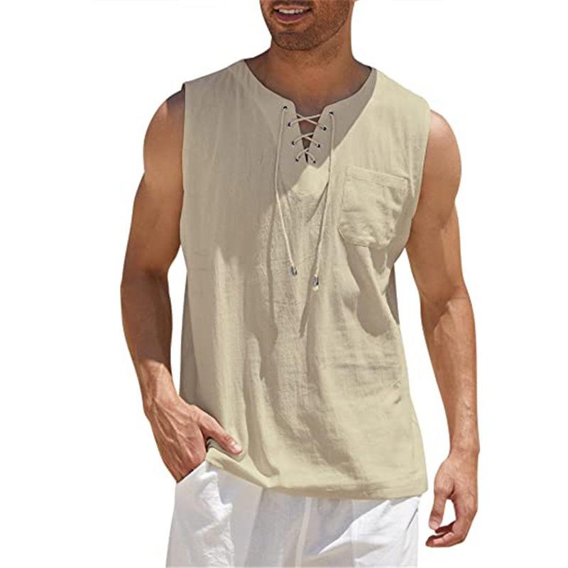 Herren-Tanktop mit Schnürung, Verband, Kreuz, V-Ausschnitt, modisch, einfarbig, ärmellose Hemden aus Baumwolle und Leinen 3XL khaki von Joom DACH