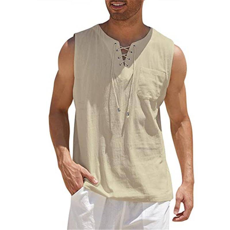 Herren-Tanktop mit Schnürung, Verband, Kreuz, V-Ausschnitt, modisch, einfarbig, ärmellose Hemden aus Baumwolle und Leinen 3XL khaki von Joom DACH