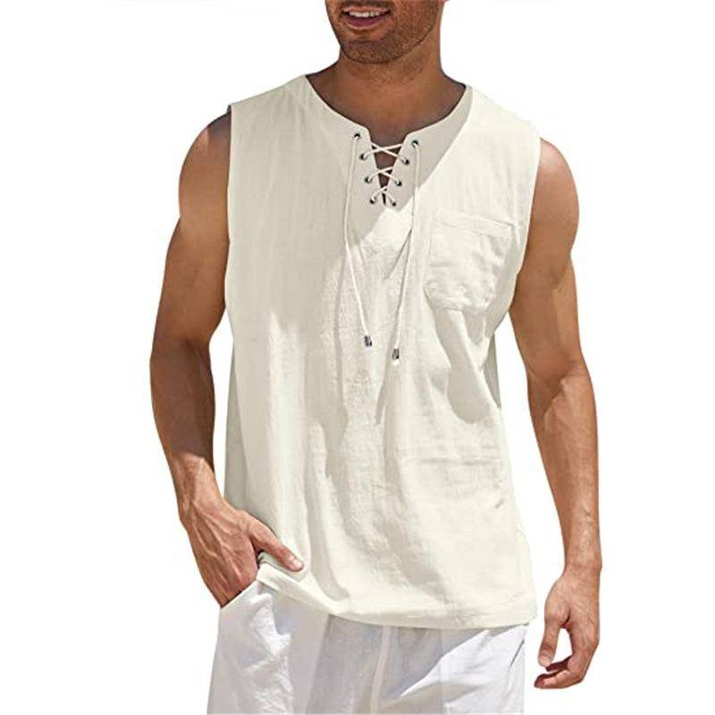 Herren-Tanktop mit Schnürung, Verband, Kreuz, V-Ausschnitt, modisch, einfarbig, ärmellose Hemden aus Baumwolle und Leinen 3XL apricot von Joom DACH