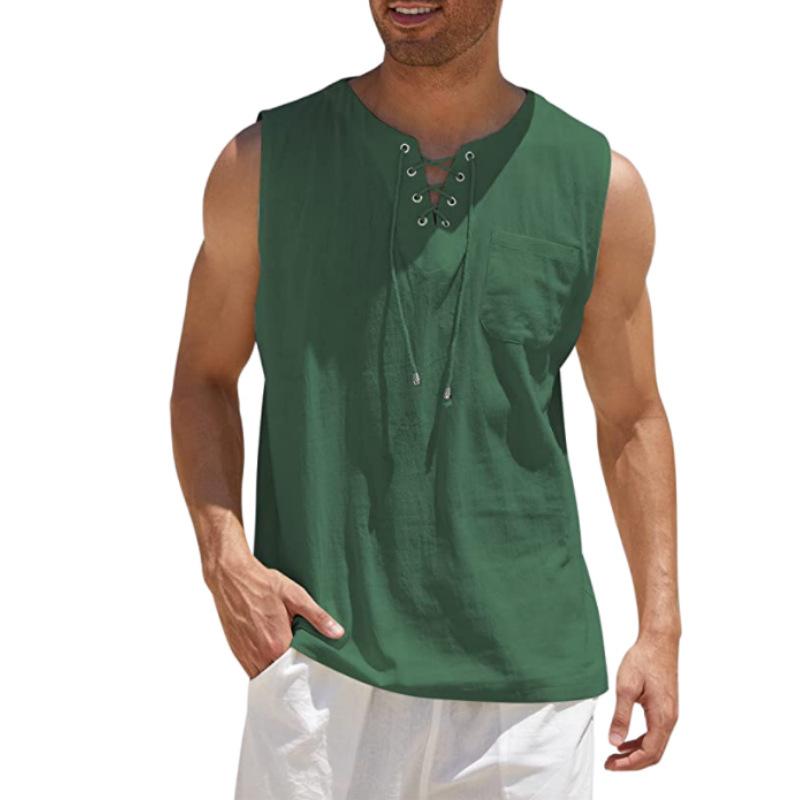 Herren-Tanktop mit Schnürung, Verband, Kreuz, V-Ausschnitt, modisch, einfarbig, ärmellose Hemden aus Baumwolle und Leinen 3XL grün von Joom DACH