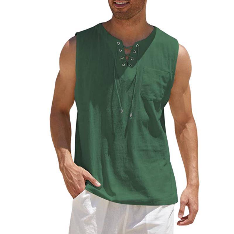Herren-Tanktop mit Schnürung, Verband, Kreuz, V-Ausschnitt, modisch, einfarbig, ärmellose Hemden aus Baumwolle und Leinen 3XL grün von Joom DACH