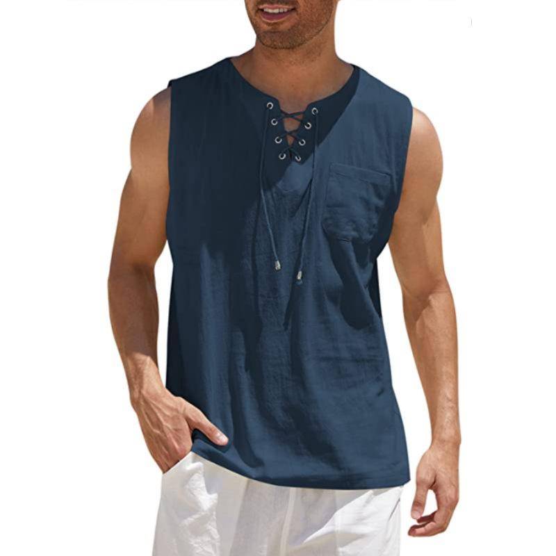Herren-Tanktop mit Schnürung, Verband, Kreuz, V-Ausschnitt, modisch, einfarbig, ärmellose Hemden aus Baumwolle und Leinen 3XL navy blau von Joom DACH