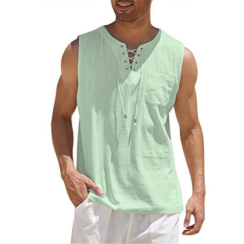 Herren-Tanktop mit Schnürung, Verband, Kreuz, V-Ausschnitt, modisch, einfarbig, ärmellose Hemden aus Baumwolle und Leinen 4XL hellgrüne von Joom DACH