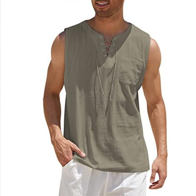 Herren-Tanktop mit Schnürung, Verband, Kreuz, V-Ausschnitt, modisch, einfarbig, ärmellose Hemden aus Baumwolle und Leinen 5XL kamelfarben von Joom DACH