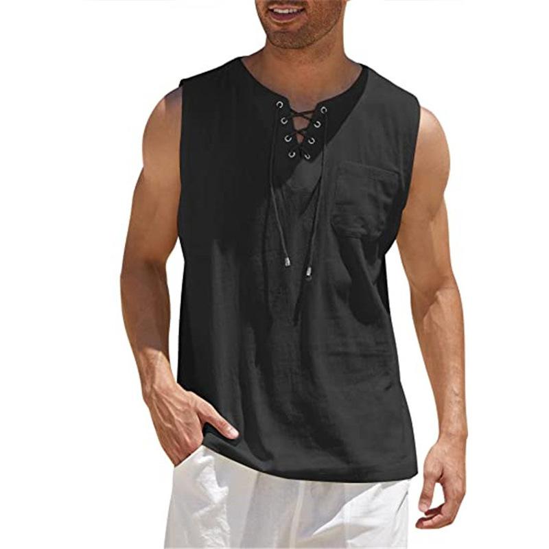 Herren-Tanktop mit Schnürung, Verband, Kreuz, V-Ausschnitt, modisch, einfarbig, ärmellose Hemden aus Baumwolle und Leinen XL schwarz von Joom DACH