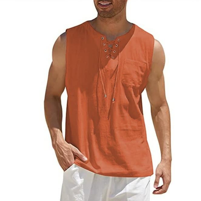 Herren-Tanktop mit Schnürung, Verband, Kreuz, V-Ausschnitt, modisch, einfarbig, ärmellose Hemden aus Baumwolle und Leinen XL orange von Joom DACH