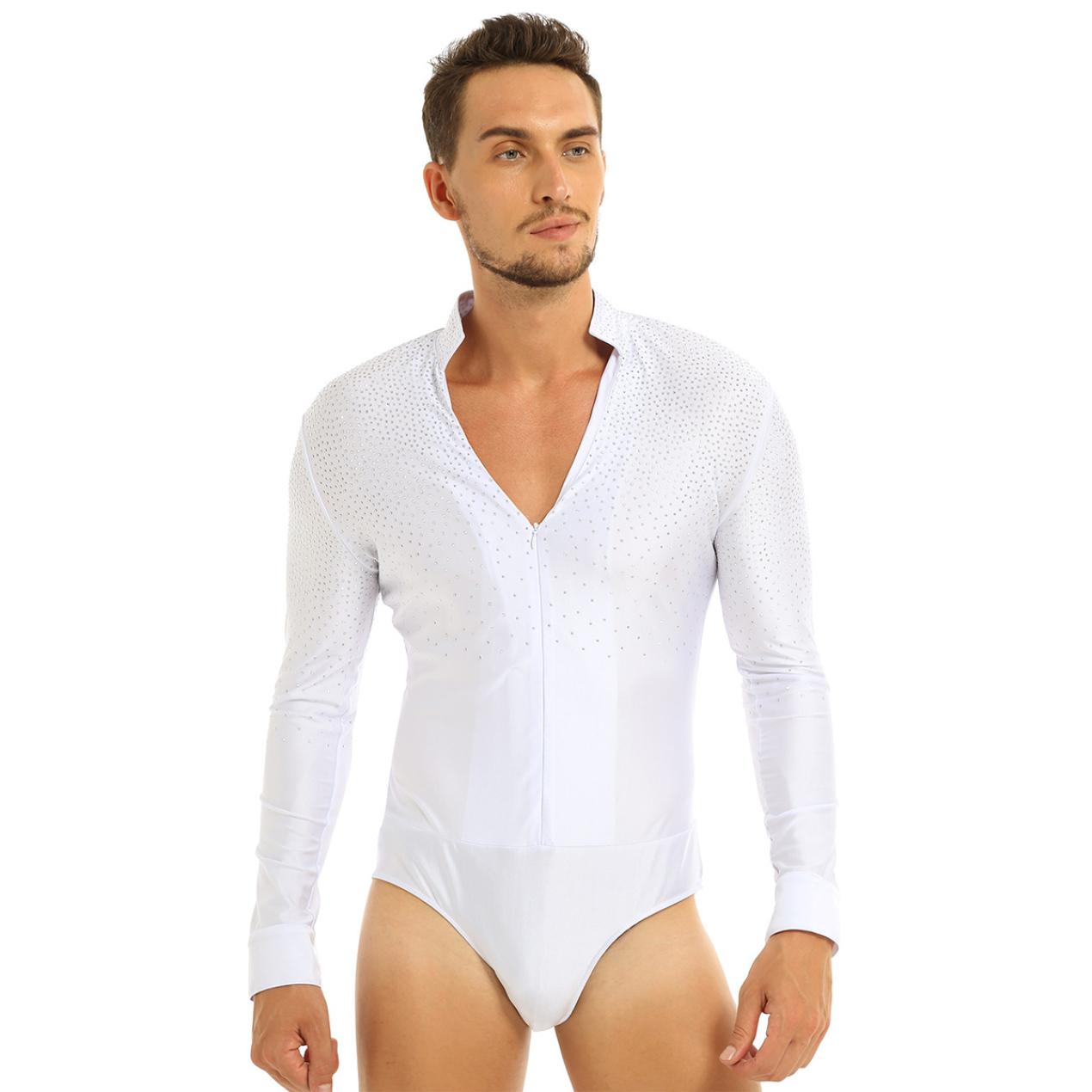 Herren-Tanzhemd mit glänzenden Pailletten und V-Ausschnitt, langärmlig, Body, einteilige Tanzbekleidung M weiß von Joom DACH