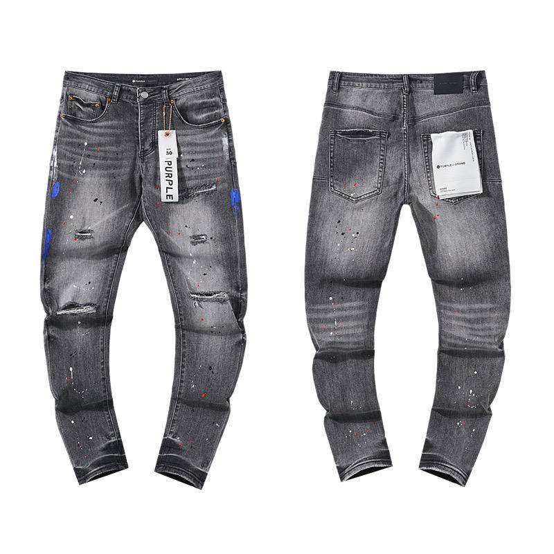 Herren-Tatters Splash Paint Slim Ripped Badge Stretch Jeans Retro High-End-Herrenhose 30 von Joom DACH