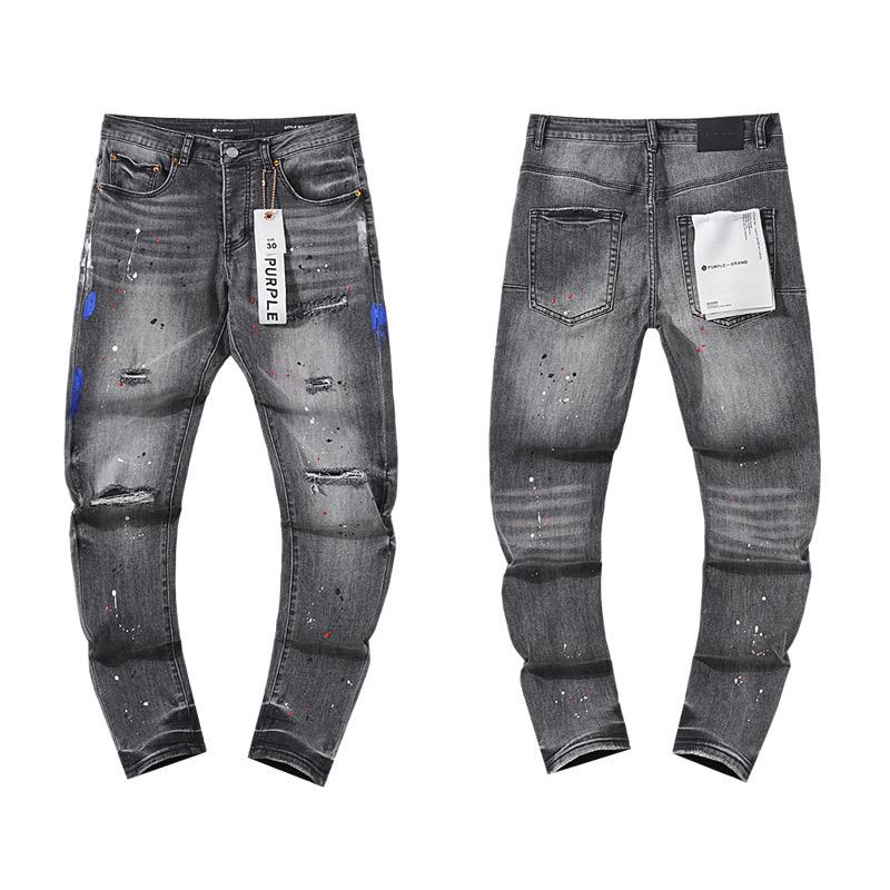 Herren-Tatters Splash Paint Slim Ripped Badge Stretch Jeans Retro High-End-Herrenhose 32 von Joom DACH