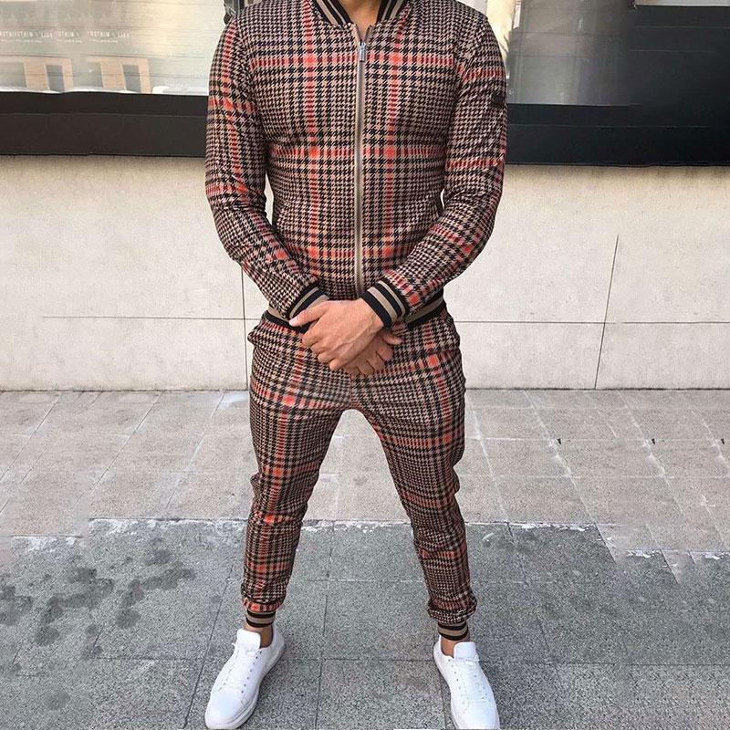 Herren Trainingsanzug 3D Karomuster Bedruckt Sportlich Lässig Set Mode Britischer Stil Gentleman Jacke Kordelzug Hose 2-teiliger Anzug L von Joom DACH
