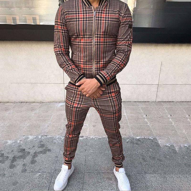 Herren Trainingsanzug 3D Karomuster Bedruckt Sportlich Lässig Set Mode Britischer Stil Gentleman Jacke Kordelzug Hose 2-teiliger Anzug L von Joom DACH