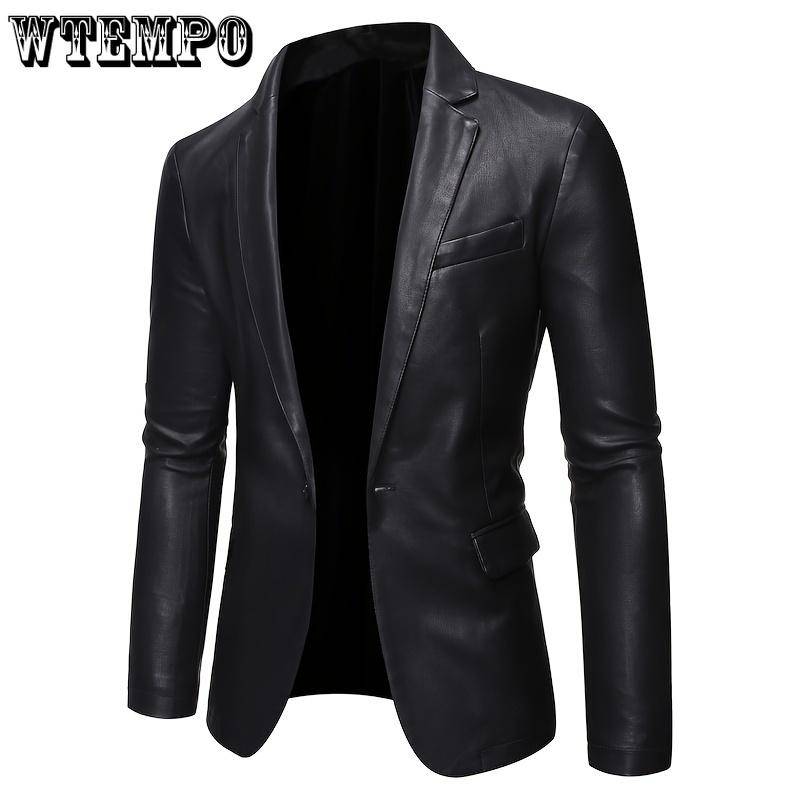 Herren Unifarbenes PU-Lederjacke mit Taschen, Ein-Knopf Slim-Fit Revers Oberbekleidung - für Geschäft, Partys & Formelle Anlässe - für Herren - PU-Leder L schwarz von Joom DACH