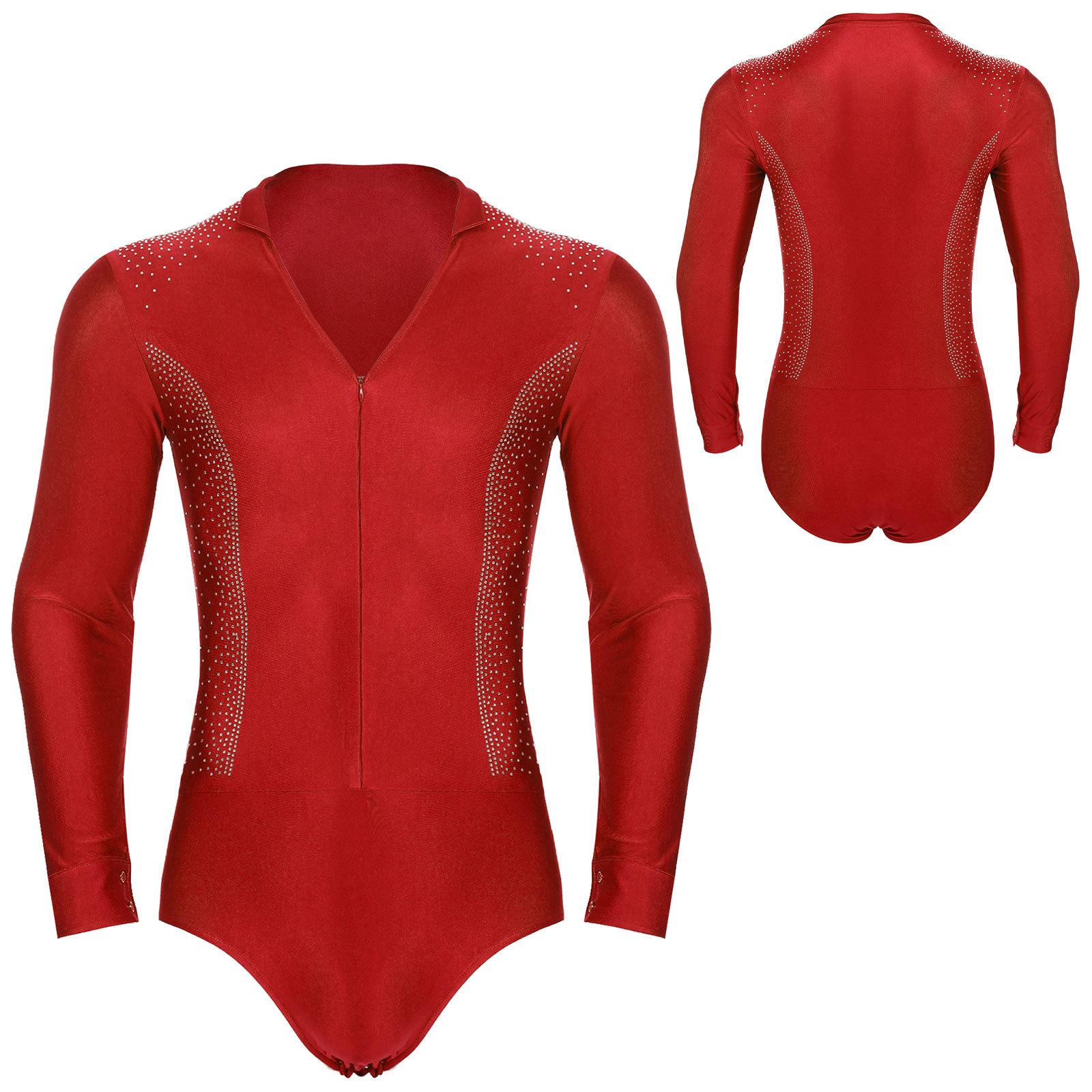Herren-Unitard mit V-Ausschnitt und glitzerndem Strass-Dekor für Eiskunstlauf, Latein, Tango, Gesellschaftstanz, Rhythmische Sportgymnastik M rot von Joom DACH