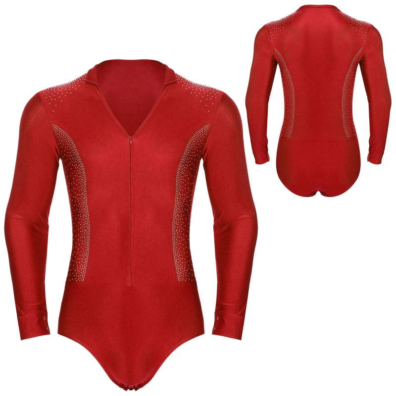 Herren-Unitard mit V-Ausschnitt und glitzerndem Strass-Dekor für Eiskunstlauf, Latein, Tango, Gesellschaftstanz, Rhythmische Sportgymnastik M rot von Joom DACH