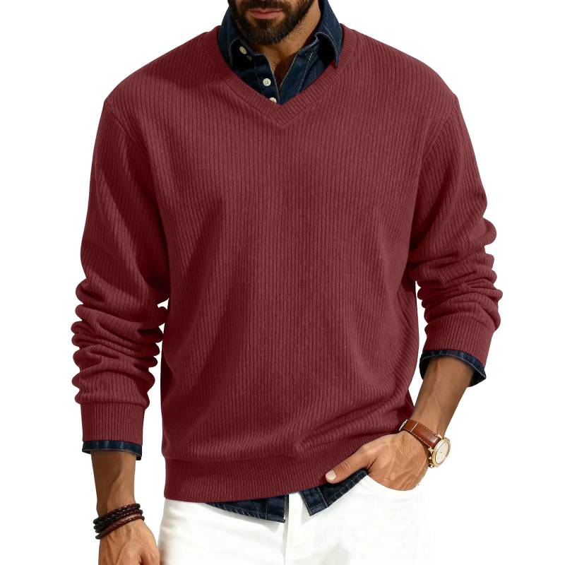 Herren V-Ausschnitt Langarm Rippstrick Pullover M rot von Joom DACH