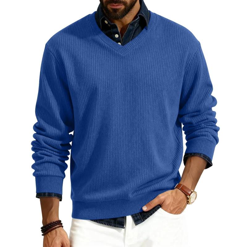 Herren V-Ausschnitt Langarm Rippstrick Pullover XL blau von Joom DACH