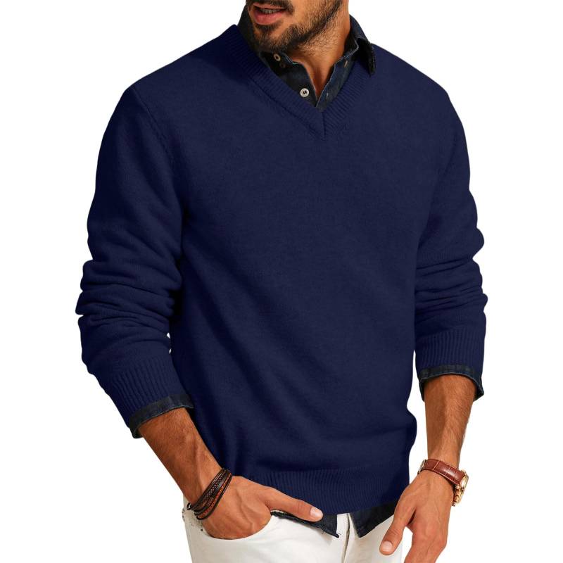 Herren V-Ausschnitt Pullover Lässiger Strick Leichter Kleiderpullover Langarm Slim Fit Herbst Winter Pullover XXL dunkelblau von Joom DACH