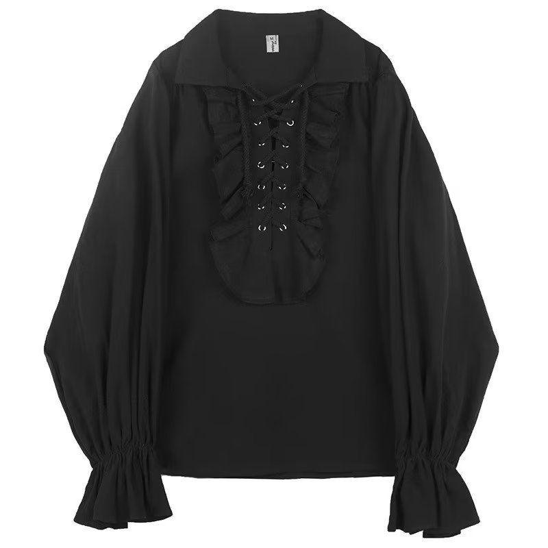 Herren Viktorianischer Stil Damen Gothic Bluse Vintage Renaissance Piraten Prinz Dichter Hemd mit Rüschen Schnürung Mittelalterliches Freibeuter Oberteil M von Joom DACH