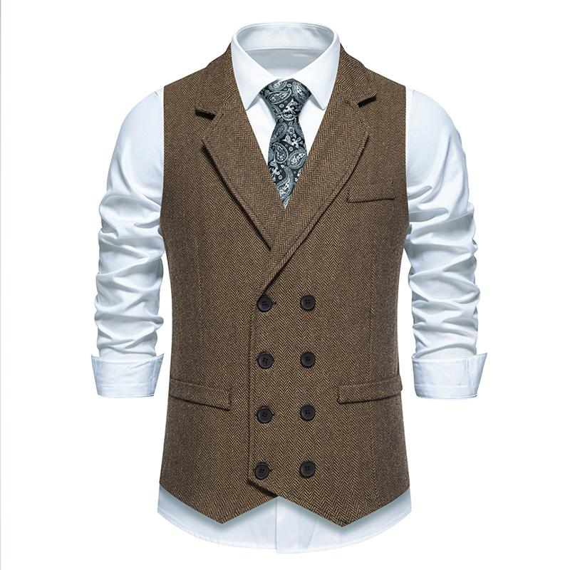 Herren Vintage Tweed Stoff Anzugweste Revers Jacquard Ärmellos Zweireihig Weste Slim Fit Casual Business Männliche Jacke L braun von Joom DACH