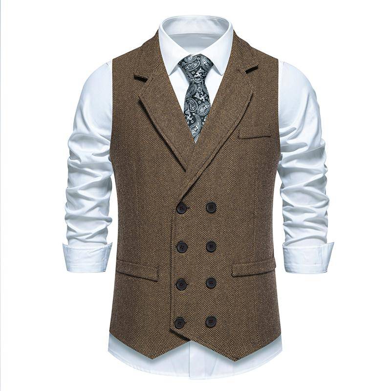 Herren Vintage Tweed Stoff Anzugweste Revers Jacquard Ärmellos Zweireihig Weste Slim Fit Casual Business Männliche Jacke L braun von Joom DACH