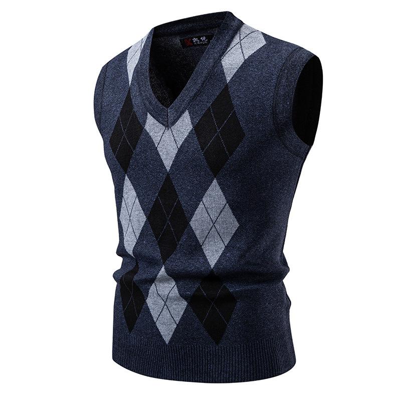 Herren Weiche Strickweste Frühling Herbst Ärmelloser Strickpullover Ehemann Papa Mode Strickwesten Schwarz Grau Kariert 3XL blau von Joom DACH