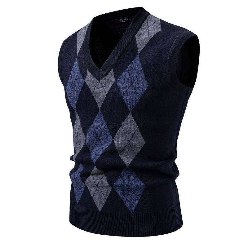 Herren Weiche Strickweste Frühling Herbst Ärmelloser Strickpullover Ehemann Papa Mode Strickwesten Schwarz Grau Kariert L navy blau von Joom DACH