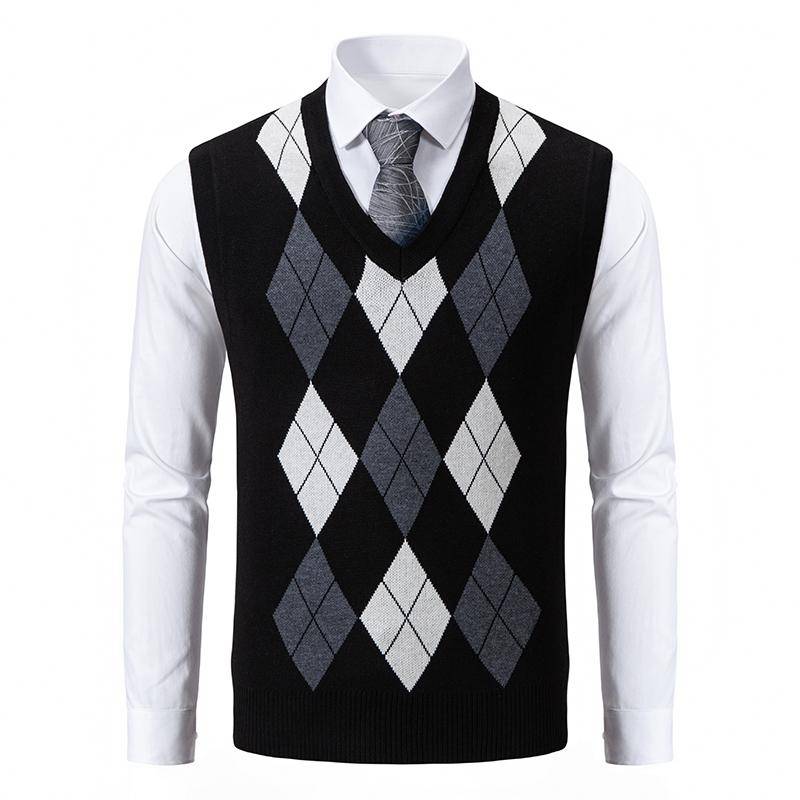 Herren Weiche Strickweste Frühling Herbst Ärmelloser Strickpullover Ehemann Papa Mode Strickwesten Schwarz Grau Kariert Pack of 1 schwarz von Joom DACH