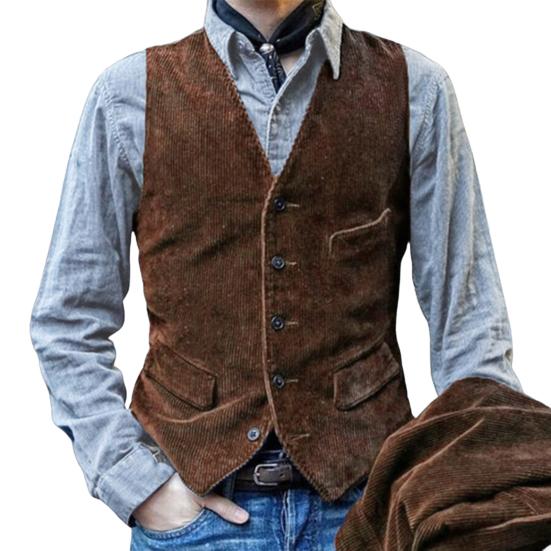 Herren Weste V-Ausschnitt Ärmellos Einreihig Weste Mantel Einfarbig Slim Fit Cord Retro Stil Weste mit Taschen L braun von Joom DACH