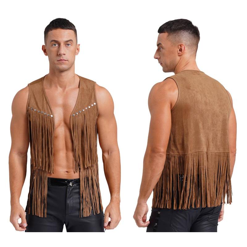 Herren Western Cowboy Vintage Faux Wildleder Quaste Weste Tops Offene Vorderseite Nieten Fransen Weste Jacke Festival Rave Party Clubwear M braun von Joom DACH