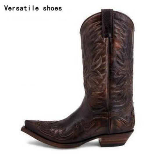 Herren Western Cowboystiefel Spitzschuh Outdoor Mittelhohe Handgemachte Retro Schuhe Schwarz Weiß Stiefel für Männer Zapatos De Hombre 39 von Joom DACH