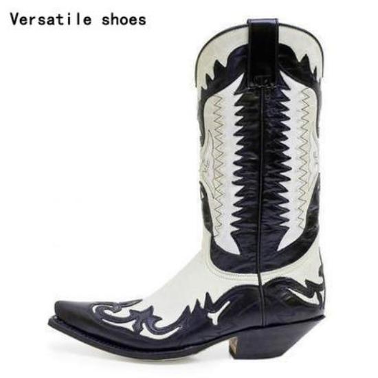 Herren Western Cowboystiefel Spitzschuh Outdoor Mittelhohe Handgemachte Retro Schuhe Schwarz Weiß Stiefel für Männer Zapatos De Hombre 43 von Joom DACH