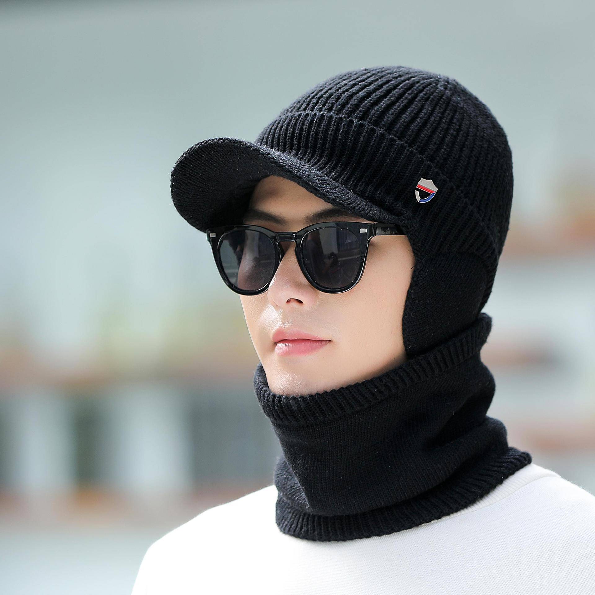 Herren Winddicht Kältefest Einfarbig Warm Plüsch Dehnbar Mützen Herbst Winter Ohrenschutz Große Größe Outdoor Strickmützen set (hat + scarf) schwarz von Joom DACH