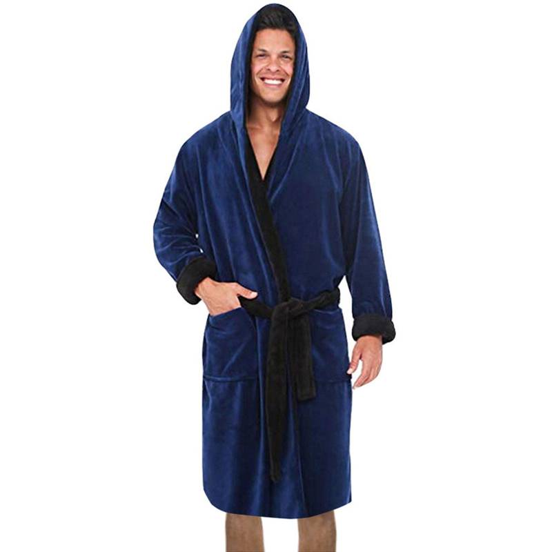 Herren-Winter-Bademantel mit verlängertem Plüsch-Schal, Heimkleidung, langärmeliger Robe-Mantel S blau von Joom DACH