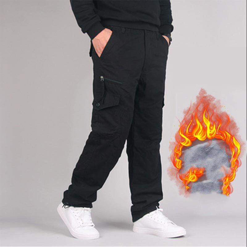 Herren Winter Große Größen Sporthose mit mehreren Taschen Lockere Freizeithose Verdicktes Fleece Warme Gerade Cargohose XL schwarz von Joom DACH