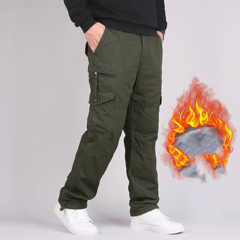 Herren Winter Große Größen Sporthose mit mehreren Taschen Lockere Freizeithose Verdicktes Fleece Warme Gerade Cargohose XXL grün von Joom DACH