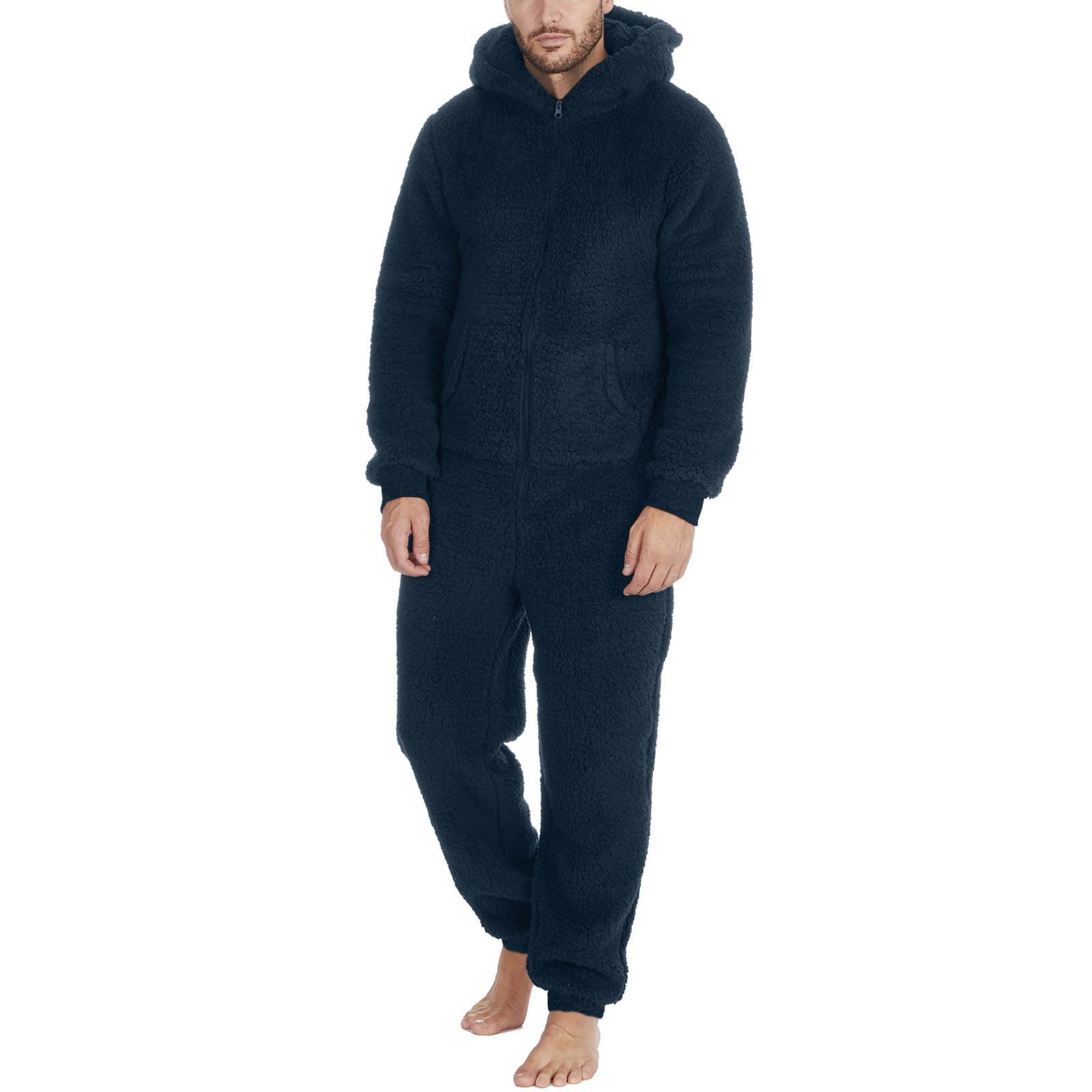 Herren Winter Warm Fleece Stitch Onesie Flauschige Nachtwäsche Einteiler Schlaf Lounge Pyjama Jumpsuit Kapuzen Onesies für Erwachsene Männer M navy blau von Joom DACH