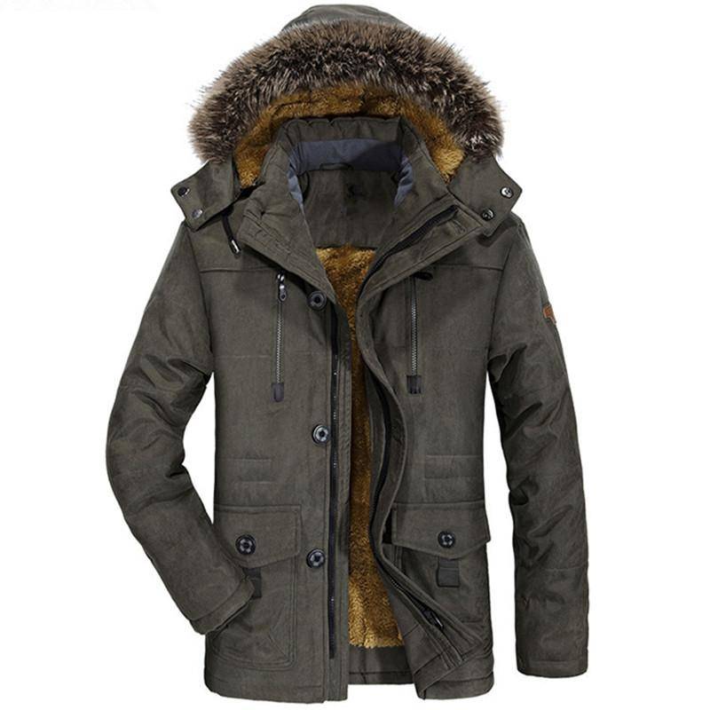 Herren Winterparka Mantel mit Kapuze aus Echtfell, Doppelverschluss, warmem Fleecefutter, mehreren Taschen, Militärgrün & Khaki 5XL grün von Joom DACH