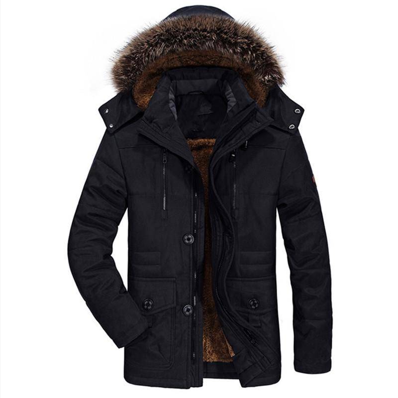 Herren Winterparka Mantel mit Kapuze aus Echtfell, Doppelverschluss, warmem Fleecefutter, mehreren Taschen, Militärgrün & Khaki XL schwarz von Joom DACH