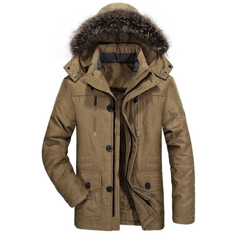 Herren Winterparka Mantel mit Kapuze aus Echtfell, Doppelverschluss, warmem Fleecefutter, mehreren Taschen, Militärgrün & Khaki XL khaki von Joom DACH