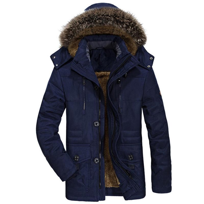 Herren Winterparka Mantel mit Kapuze aus Echtfell, Doppelverschluss, warmem Fleecefutter, mehreren Taschen, Militärgrün & Khaki XXL dunkelblaue von Joom DACH