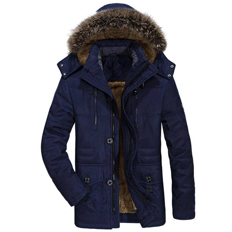 Herren Winterparka Mantel mit Kapuze aus Echtfell, Doppelverschluss, warmem Fleecefutter, mehreren Taschen, Militärgrün & Khaki XXL dunkelblaue von Joom DACH