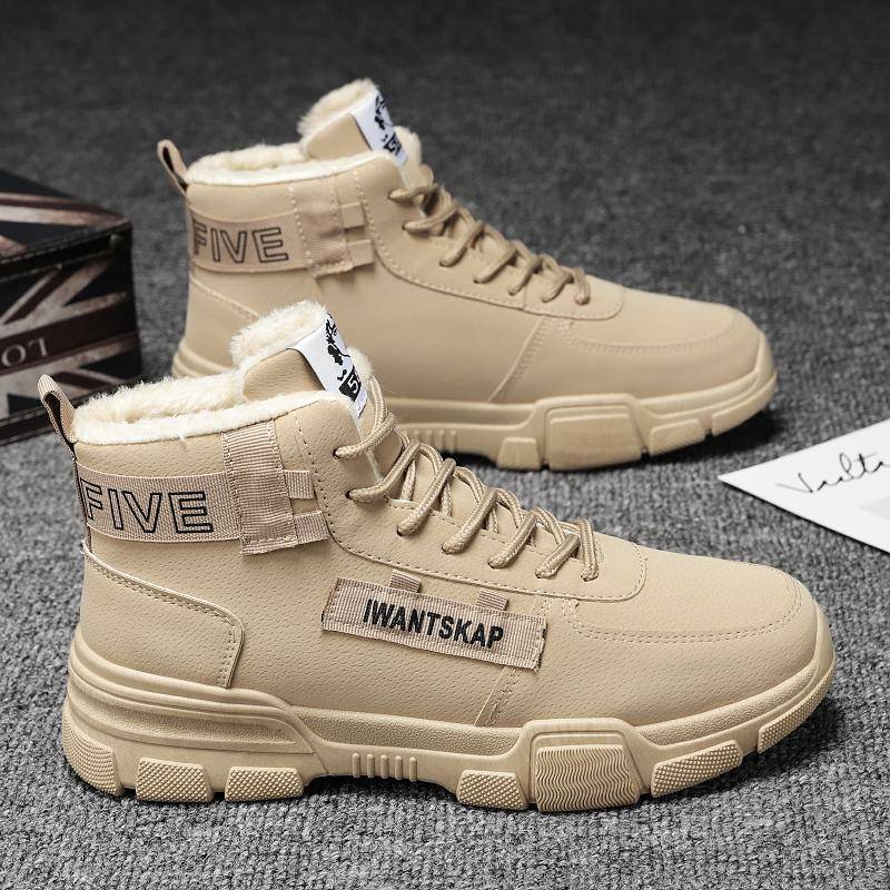 Herren Winterstiefel Plüsch Schneestiefel Warm Schnürstiefel 2024 Neue Mode Flock Winter Stiefeletten Fell Lässige Herrenschuhe Motorradstiefel 44 beige von Joom DACH