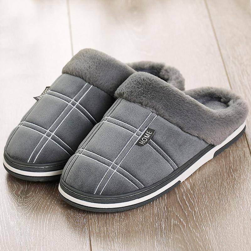 Herren Wohnzimmer Hausschuhe kurzes Plüschfutter weicher Memory-Schaum Karomuster Flanellmaterial TPR-Sohle bequeme Winterhausschuhe 44 grau von Joom DACH
