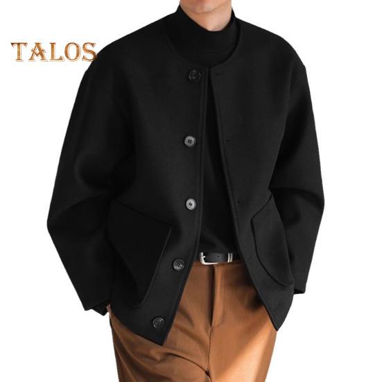 Herren Wollmantel Rundhals Langarm Einreihig Regular Fit Einfarbige Jacke mit Taschen Wintermantel XL schwarz von Joom DACH