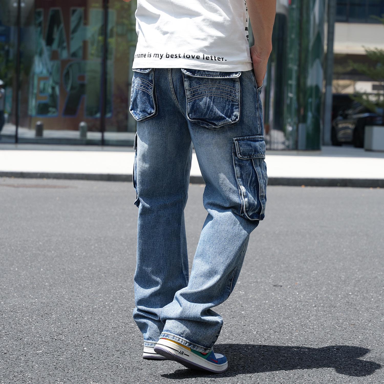 Herren-Workwear-Jeans im amerikanischen Stil mit mehreren Taschen und weitem Bein, große Größe 32 von Joom DACH