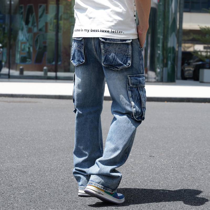 Herren-Workwear-Jeans im amerikanischen Stil mit mehreren Taschen und weitem Bein, große Größe 32 von Joom DACH