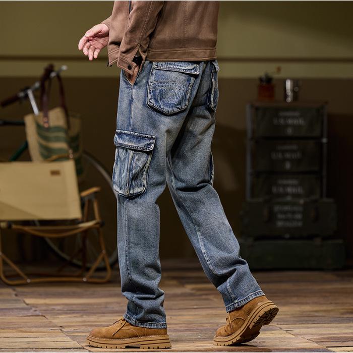 Herren-Workwear-Jeans mit weitem Bein und mehreren Taschen – locker, verschleißfest, elastisch, große Größe, für Herbst/Winter 2024 40 von Joom DACH