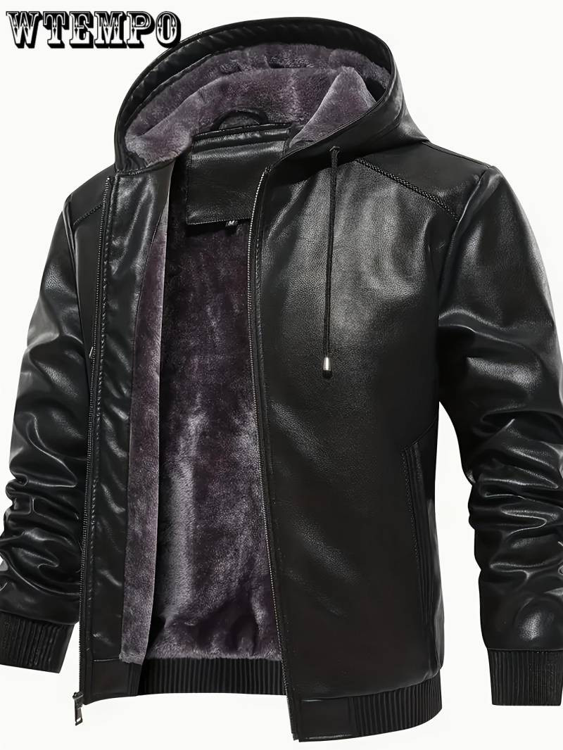 Herren einfarbige PU-Leder Kapuzenjacken - Winddicht Wasserdicht Trendige Dicke Jacke - Für Frühling Herbst - Für Herren - Geeignet für Outdoor-Aktivitäten XXXXL schwarz von Joom DACH